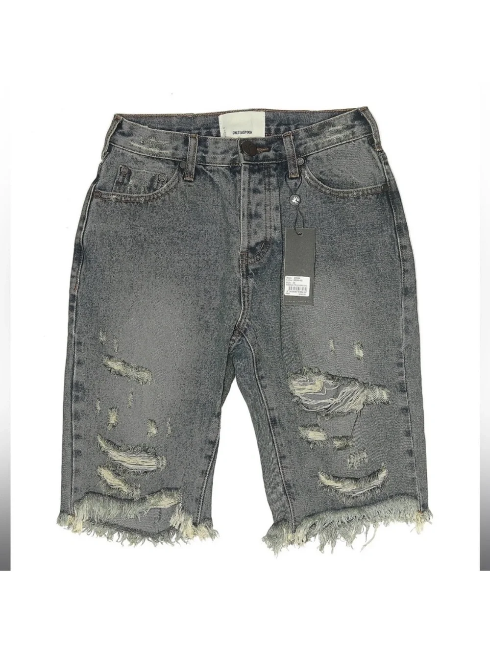 One Teaspoon Trucker Denim Shorts High Rise Distressed Black Gray Bermuda 24 NWT